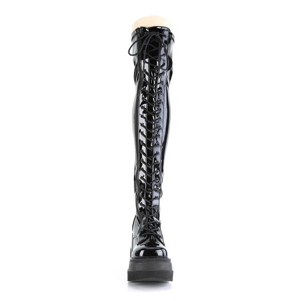 Demonia Women's Shaker-374 Platform Thigh High Boots - Black Stretch Patent D7904-18US Clearance